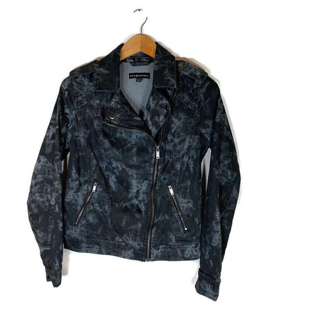 Rock & Republic Womens Small Moto Jacket Tie Dye Cloth Black Full Zip Pockets